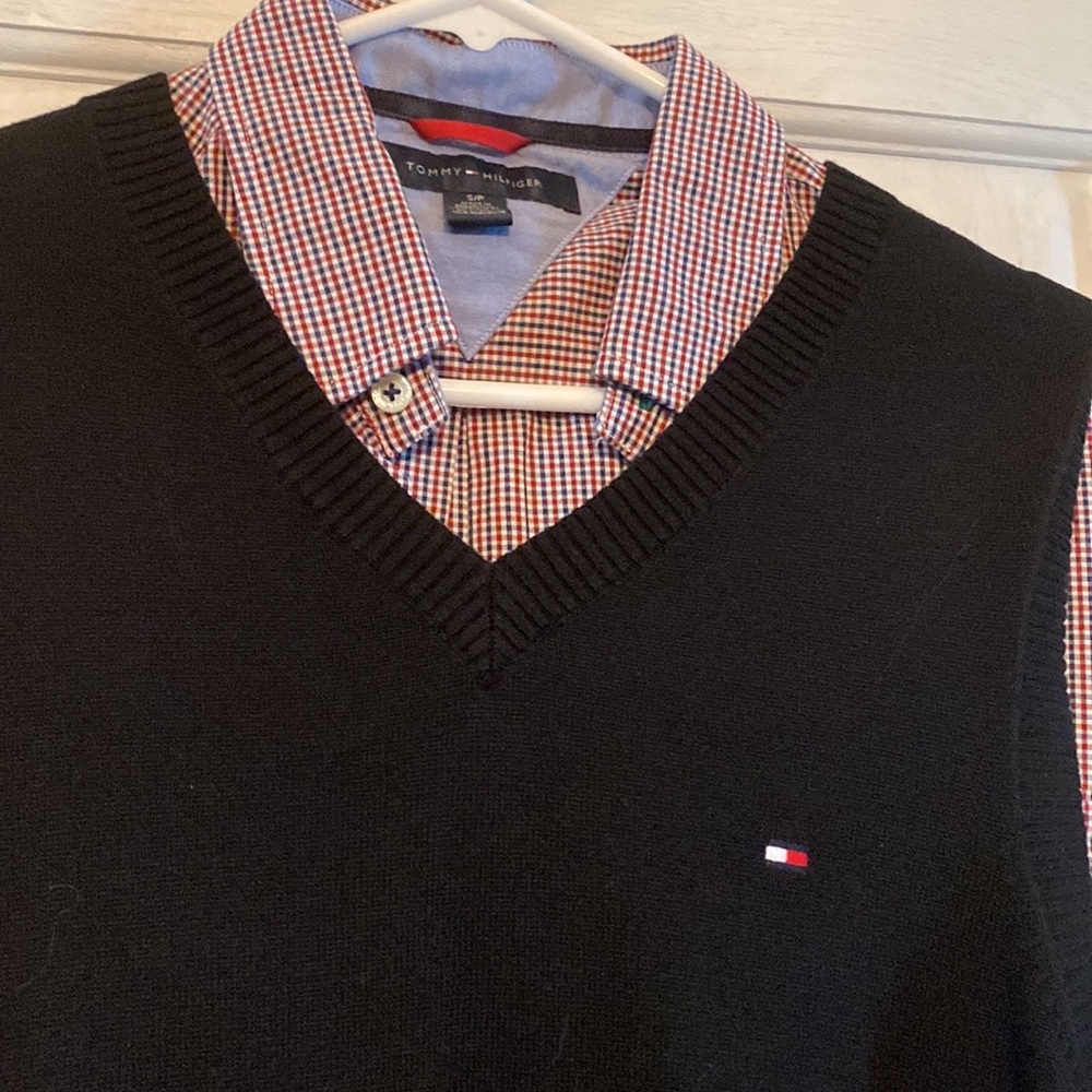 Mens small Tommy Hilfiger button shirt with matching navy vest medium.